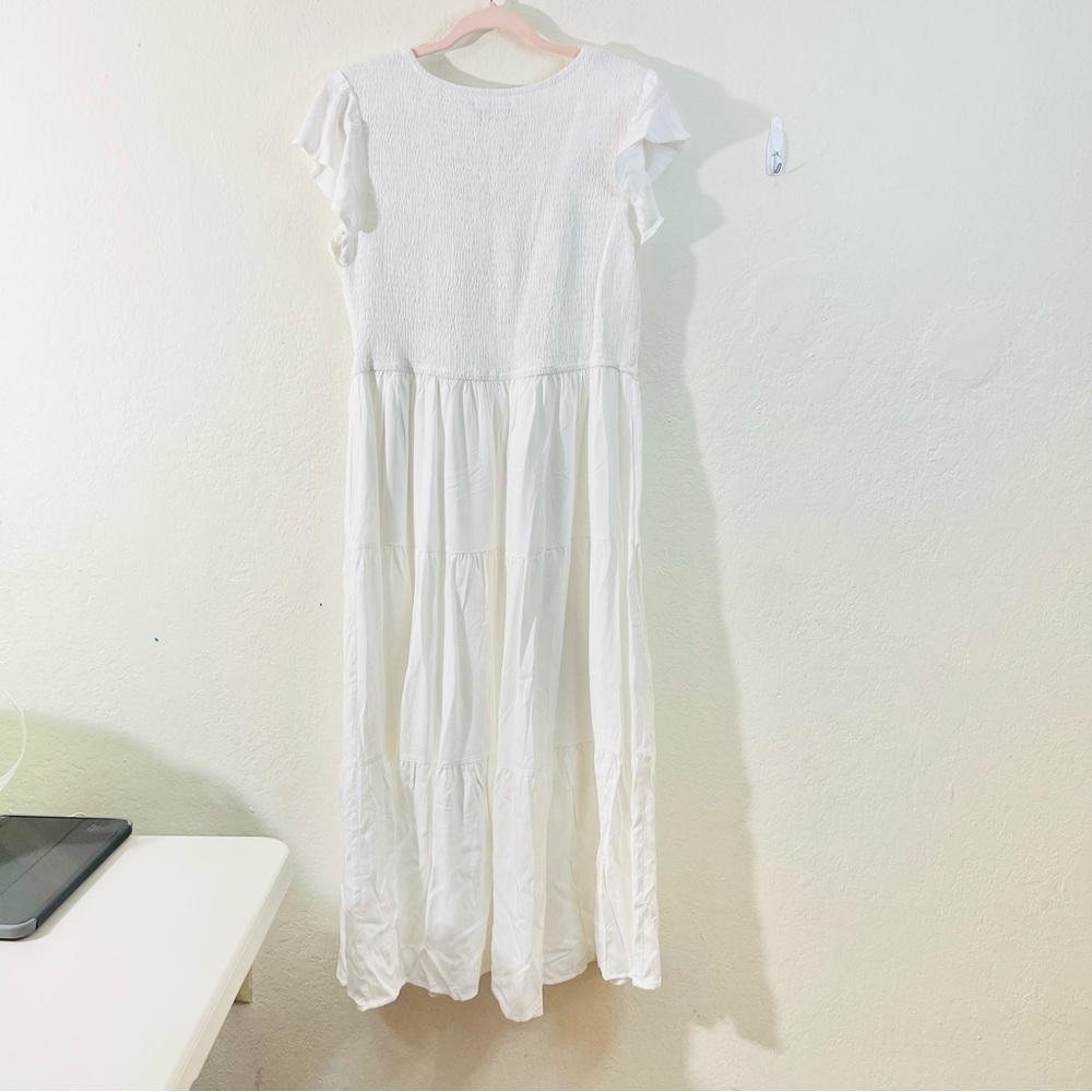 NWT Merokeety Flutter Sleeve V-Neck White Maxi Dress XL Vacation Beach Pockets - Picture 2 of 10